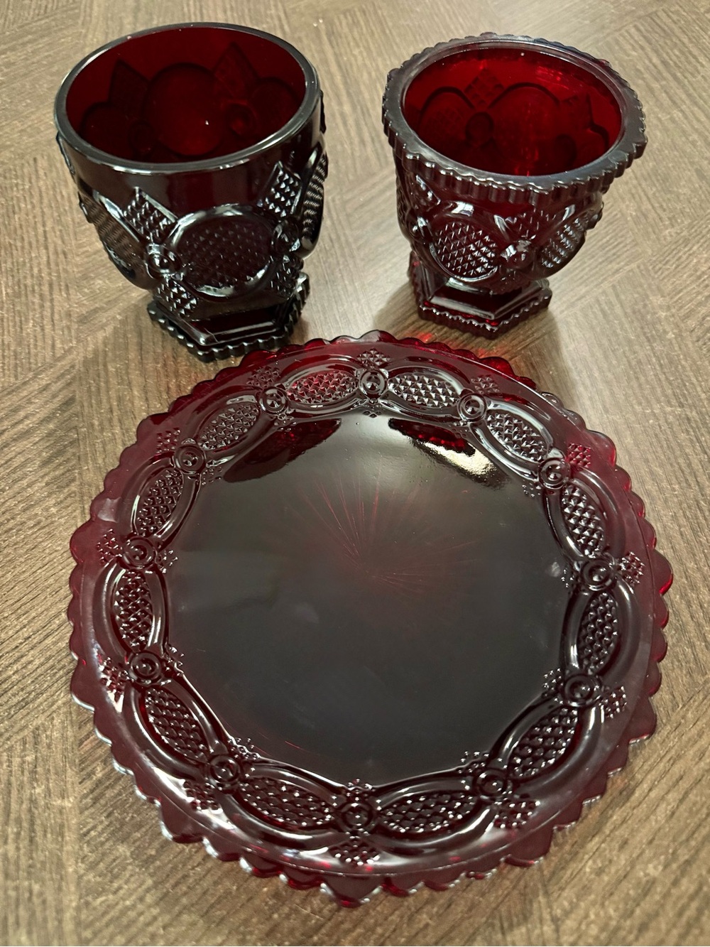VTG Avon 1876 Cape Cod Ruby Red Glass Lot – Goblet Open Sugar Bowl & Salad Plate